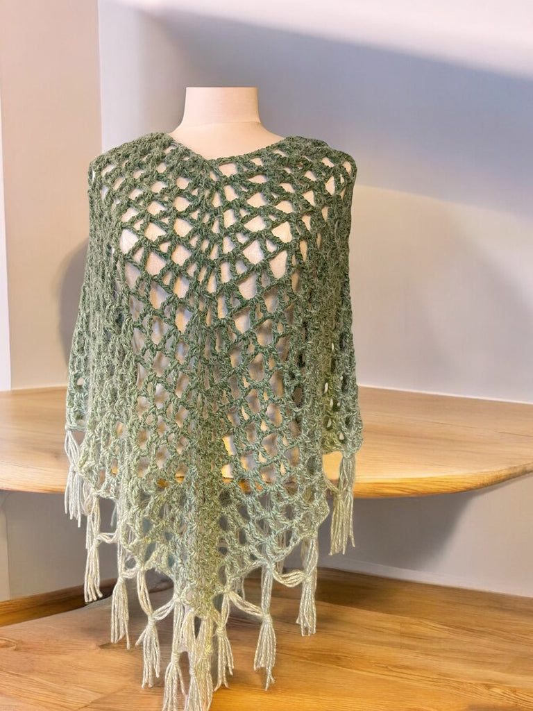 Handmade Sage Green Ombre Crochet Shawl with Tassels โ Boho Chic Wrap